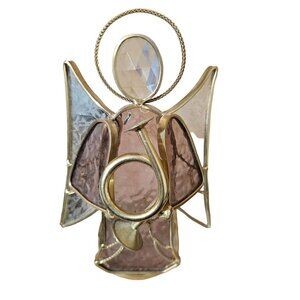 Stained Glass Angel Figurine With Trumpet - Gold Trim & Crystal Halo